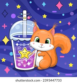 Cute cartoon squirrel with a big star drink. Vector illustration of an animal and a cup of colorful water on a dark blue background with stars and dots.