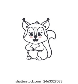 Cute cartoon squirrel. Black and white drawing of funny squirrel. Worksheet for coloring. Vector illustration