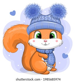 Cute cartoon squirrel in a blue hat and scarf. Vector illustration of an animal on a blue background.