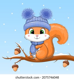 Ein süßes Cartoon-Eichhörnchen auf einem blauen Hut und Hut auf einem Eichenbaum. Winter-Vektorgrafik mit Tier auf blauem Hintergrund.