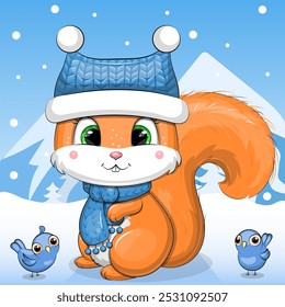 A cute cartoon squirrel in blue hat and scarf stands in the mountains. Winter vector illustration on a blue background with snow.