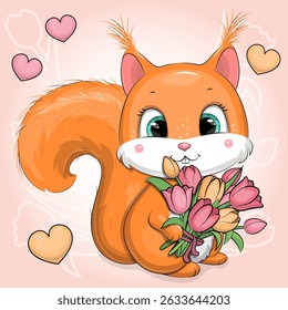 Cute cartoon squirrel with a bouquet of tulips. Vector illustration of an animal and hearts on a pink background.