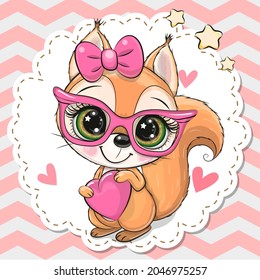 Cute cartoon Squirrel with a bow and glasses on a pink background