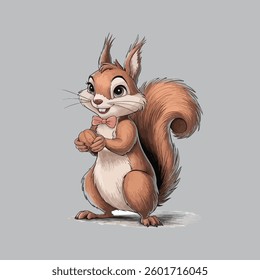 Cute Cartoon Squirrel with Bowtie Holding Nuts – Vector Illustration


