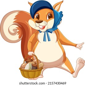 Cute cartoon squirrel carrying a basket on white background illustration