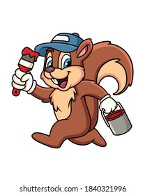 Cute cartoon squirrel carrying paint. Vector art illustration with simple gradients. Isolated on white background