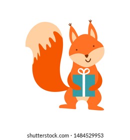 Cute cartoon squirrel carying a present box with white ribbon. Nice woodland animal isolated on white background. Flat vector illustration.