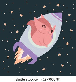 Cute cartoon squirrel character fly in rocket through the space. Cheerful flat hand drawn childish animal waving from spaceship. Kids nursery poster print art design. Baby cosmos vector illustration