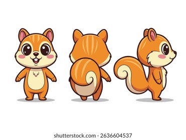 Cute Cartoon Squirrel  Character Set - Front, Back, and Side View for Animation and Mascot. Vector illustraton