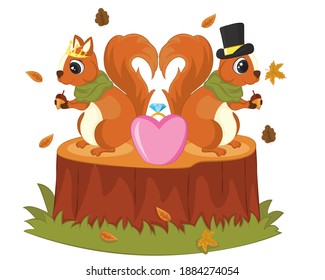 Cute Cartoon Squirrel Couple. Two Squirrel with tails in a shape of a heart, love concept, romantic logo, valentine day.