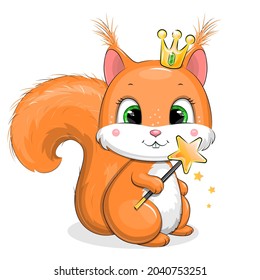 Cute cartoon squirrel with crown and magic wand. Vector illustration of an animal on a white background.