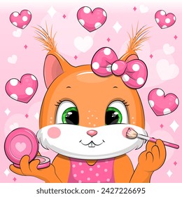 Cute cartoon squirrel does makeup. Vector illustration of animal with blush and brush on pink background and heart.
