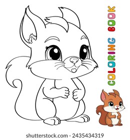Cute cartoon squirrel. Drawing for coloring. Vector contour illustration isolated on a white background. A page of a coloring book with a color sample.
