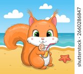 A Cute Cartoon Squirrel with a Drink on the Beach. Summer Animal vector illustration with sea, sun, sand and starfish.