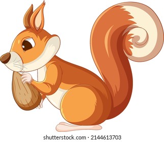 Cute cartoon squirrel eating almond on white background illustration