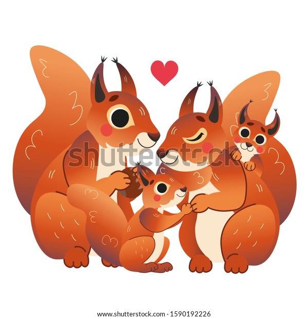 Cute cartoon squirrel family vector image.
Male and female squirrels with their pups. Forest animals for kids.
Isolated on white
background.
