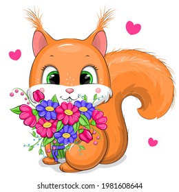 Cute cartoon squirrel with flower bouquet. Vector illustration of animal isolated on white.