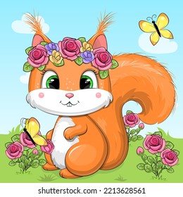 Cute cartoon squirrel with flower wreath and butterflies. Vector illustration of an animal in nature.