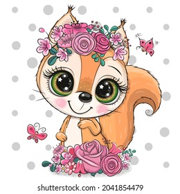 Cute Cartoon squirrel with flowers on a white background