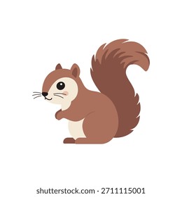 Esquilo de desenhos animados bonito com uma cauda macia sentado em uma pose suave, cores castanhas quentes e isoladas e formas vetoriais limpas perfeitas para livros infantis, adesivos e ilustrações com temas de floresta