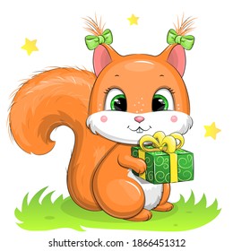 Cute cartoon squirrel with gift. Vector illustration of animal isolated on white. 