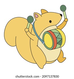 Cute cartoon squirrel going, playing the drums. Funny yellow squirrel beating on a large drum with drumsticks. The drum hangs on the chest. Hand-drawn simple style. Vector clip art illustration in 2D.