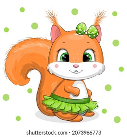 Cute Cartoon Squirrel In A Green Skirt And Hair Bow. Vector Illustration Of An Animal On A White Background With Dots.