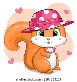 Cute cartoon squirrel in a hat and necklace. Animal vector illustration.