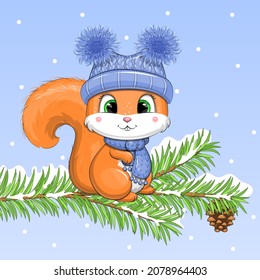 Cute cartoon squirrel in a hat and scarf on a pine tree. Winter animal vector illustration on a blue background with snow.