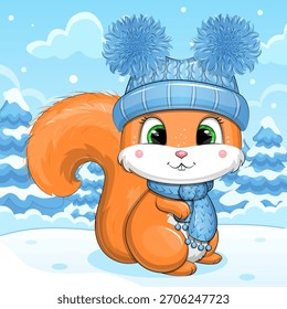Cute cartoon Squirrel with hat and scarf in winter. Vector Illustration of Animal in nature on a blue background with snow.