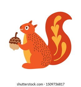 Cute cartoon squirrel holding acorn. Vector illustration isolated on white.