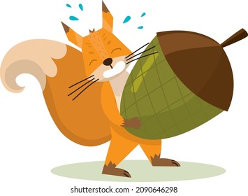 Cute cartoon squirrel Holding Acorn. Funny little brown squirrel collection. Emotion little animal. Cartoon animal character design. Flat vector illustration isolated on white background.