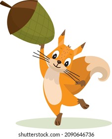 Cute cartoon squirrel Holding Acorn. Funny little brown squirrel collection. Emotion little animal. Cartoon animal character design. Flat vector illustration isolated on white background.