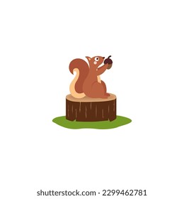 Cute cartoon squirrel holding an acorn and sitting on tree stump vector on a white background