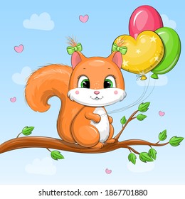 Cute cartoon squirrel holding balloons on the tree. Vector illustration of animal on the blue background