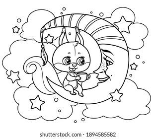 Cute cartoon squirrel holding a cup in paws sits on the crescent moon and tells something outlined for coloring on white background