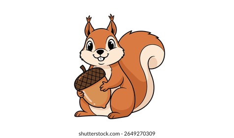 Esquilo de desenho animado bonito segurando uma grande bolota com uma expressão feliz e cauda macia