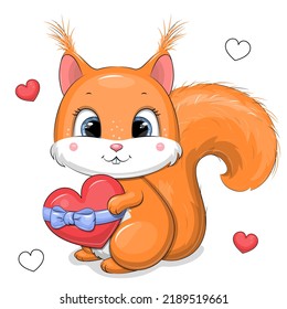 Cute cartoon squirrel holding a red heart with a blue bow. Vector illustration of an animal on a white background.