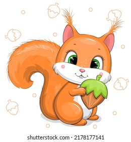 Cute cartoon squirrel holds a nut. Vector illustration of animal on white background with nuts.