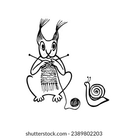 Cute cartoon squirrel knitting with a snail. Smart animal. Vector.