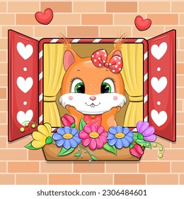 Cute cartoon squirrel looks out the window. Vector illustration of an animal with a flower pot, hearts and a window on a brick wall.