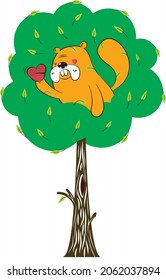 Cute cartoon squirrel in love holding a heart while peeking from a tree