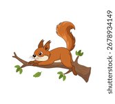 Cute cartoon squirrel lying on a tree branch with green leaves. Adorable forest animal illustration on white background.