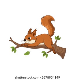 Ardilla linda de la historieta que miente en una rama de árbol con hojas verdes. Adorable ilustración de animales del bosque sobre fondo blanco.