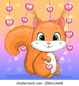Cute cartoon squirrel with many hearts. Vector illustration of an animal.