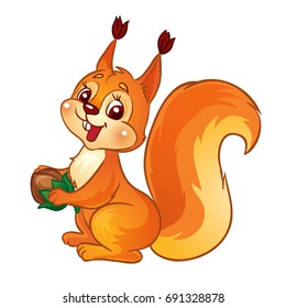 Cute cartoon squirrel with a nut. Isolated on a white background . Vector Illustration. 