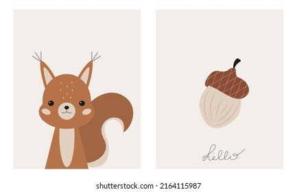 Cute cartoon squirrel and nut. Set baby posters. Wall art nursery. Funny design for textiles, postcards, baby shower. Portrait happy squirrel. Kids print animals. Scandinavian childish style.