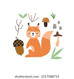 Cute cartoon squirrel and nut. Set baby posters. Wall art nursery. Funny design for textiles, postcards, baby shower. Portrait happy squirrel. Kids print animals. Scandinavian childish style.