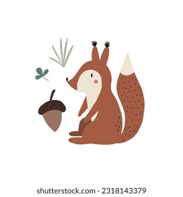 Cute cartoon squirrel and nut. Set baby posters. Wall art nursery. Funny design for textiles, postcards, baby shower. Portrait happy squirrel. Kids print animals. Scandinavian childish style.