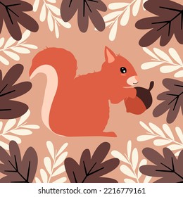 süßes Cartoon-Eichhörnchen mit Nüssen und Blättern